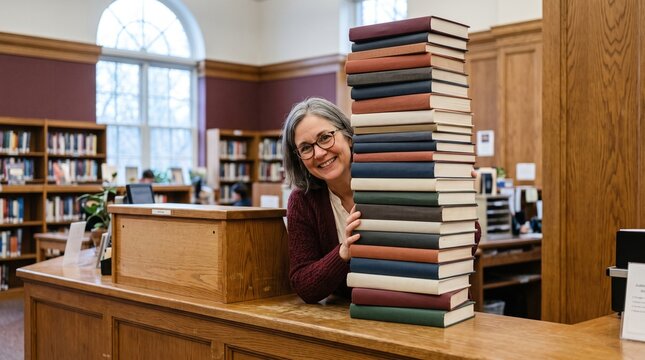 Librarian peeks around a tall return stack in a daylight library