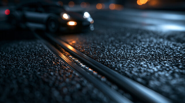 Sports Car Driving on Wet Asphalt Street at Night