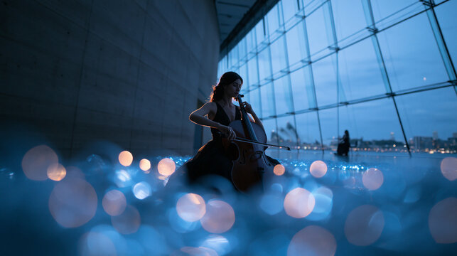 Female Cellist Playing Instrument in Modern Concert Hall