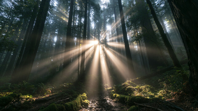 Sun Rays Piercing Through Misty Redwood Forest Trees