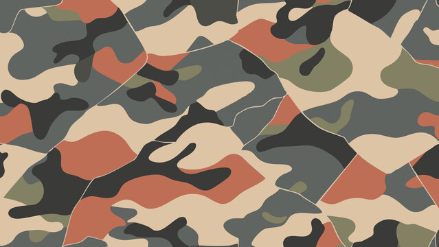 High demand Camouflage Pattern design with Tan, Dark Green, Muted Orange and Black