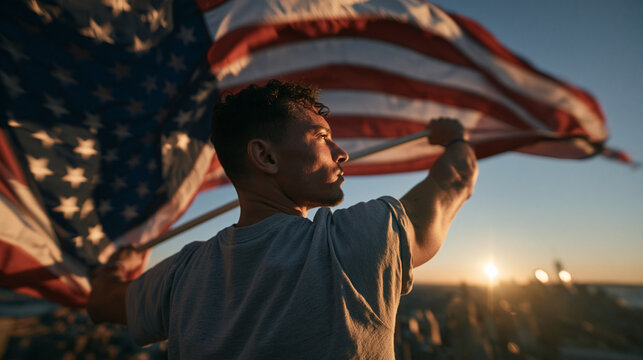 Patriotic Young Man Holding American Flag at Sunset