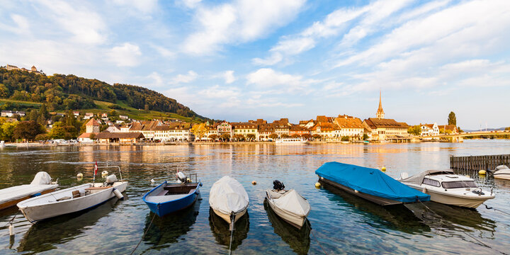 Switzerland, Canton of Schaffhausen, Stein am Rhein, Rhine river, old town and fishing boats