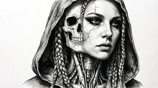 Woman with half skull face and braids
