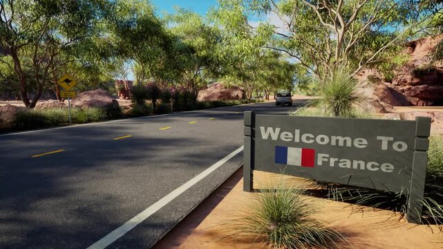 Welcome to France road sign on desert highway, scenic outback border crossing, rural asphalt road with French flag signage