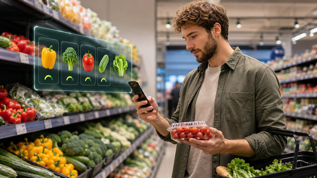 Man using smartphone for smart grocery shopping with AI food recognition technology in supermarket produce section