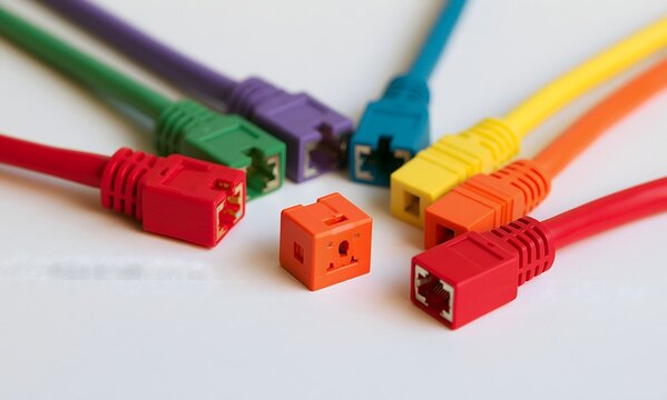  a single socket in the center, three or four unplugged cables of clearly different colors (different vendors) angled toward it, any one of which obviously fits