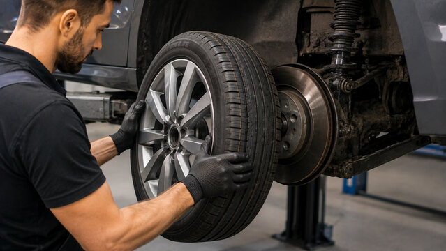Auto mechanic installing car tire during wheel replacement at repair shop