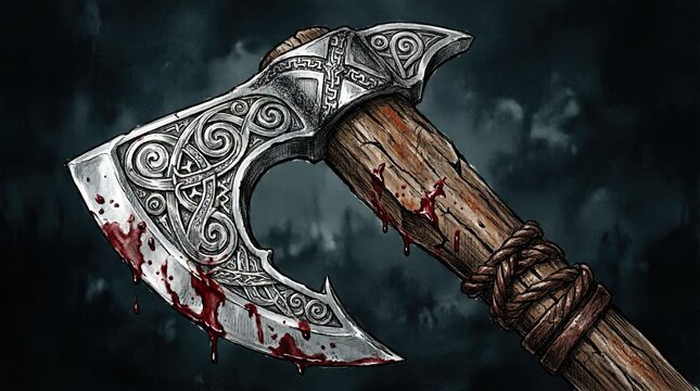 Viking battle axe with ornate patterns and blood
