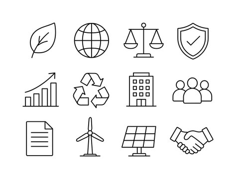 Environmental social governance. Line outline icon set of Environmental social governance: leaf, globe, balance scale, shield check, growth chart, recycling symbol, office building, team, document,