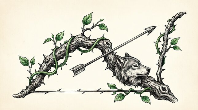 Wolf head with bow entwined in thorn branches
