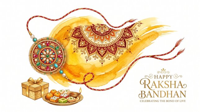 Happy raksha bandhan greeting card with traditional rakhi isolated on white background