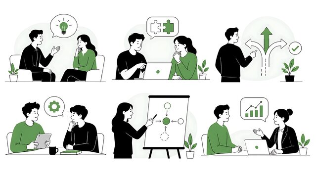Minimalist, black-and-white characters with green Containing consulting, advice, coaching, problem solving, solutions, expertise, guidance, planning.