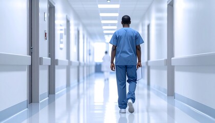 Fototapeta premium 病院の廊下を歩く看護師の後ろ姿、医療現場の日常風景