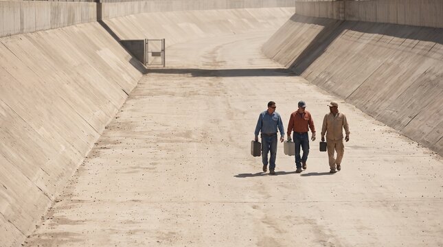 Utility crew crossing an empty reservoir diversion channel
