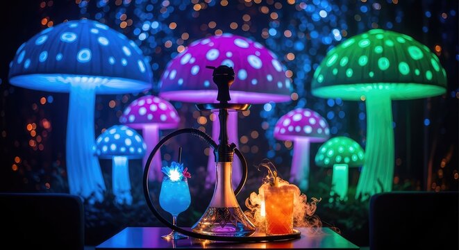 Glowing giant mushrooms illuminate a night lounge with a glass hookah and vibrant drinks set against a backdrop of magical fantasy lights, leisure, color, interior