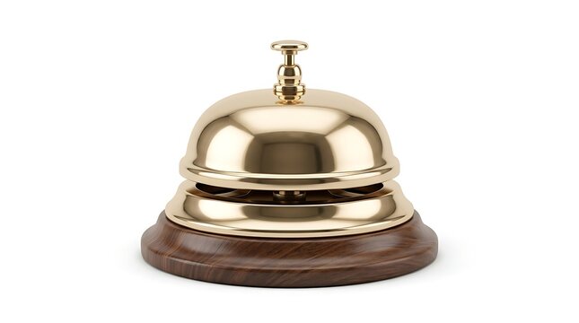 Golden hotel reception desk bell isolated on white background. Vintage service call bell icon for hospitality, customer service, and concierge concept.