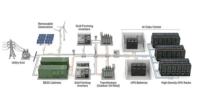 High-performance AI computing power infrastructure showing GPU server racks supplied by transformers, switchgear, busbars, power distribution units and battery backup, isolated illustration