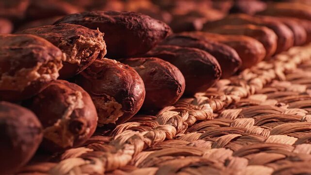Split fermented cacao seeds rest along a woven palm mat in copper toned shadows, exposing fibrous interiors and traditional postharvest handling that develops robust artisanal dark chocolate flavor