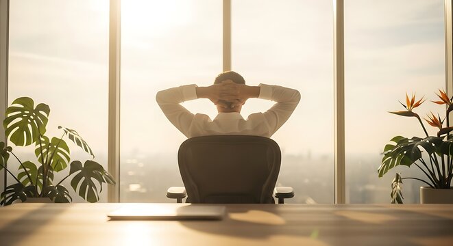 Successful Entrepreneur Relaxing in Luxury Minimalist Penthouse Office During Golden Hour