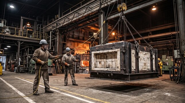 Rigging team moves a refractory module during shutdown