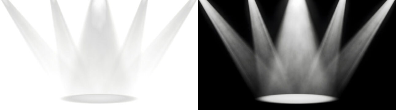 Bright white stage spotlight beams converging softly on dark studio floor with PNG, Transparent and Black Background Versions