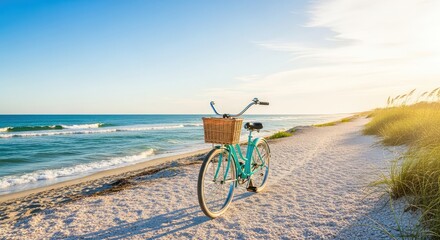 Fototapeta premium Vibrant coastal scene featuring a vintage bicycle moving along a sunlit shore path with sparkling blue ocean waves and warm summer light, sea, breeze, sunny