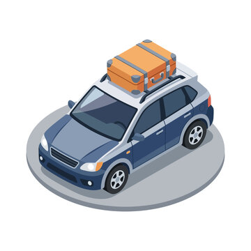 Car with luggage packed on the roof rack prepares for a road trip.