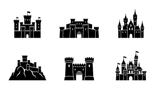 Medieval Castle Icons, Fantasy Fortress Silhouettes, Royal Palace Vector Set, Historic Landmark Graphics