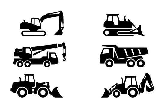 Construction Vehicle Icons Set: Excavator, Bulldozer, Crane, Dump Truck, Loader, Backhoe