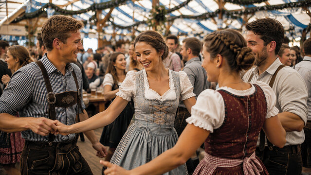 Friends dancing in traditional Bavarian clothing at lively Oktoberfest celebration