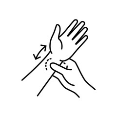 Obraz premium Minimalist line icon showing hands massaging and stretching wrists for strain relief.