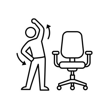 Line art icon showing a person stretching next to an office chair during a work movement break. 