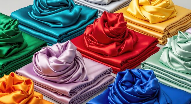 Vibrant piles of elegantly folded silk textiles featuring a radiant sheen and soft texture in a variety of rich colors and subtle hues, colorful, sewing, folds