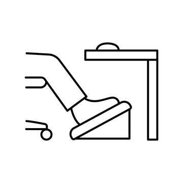 Line illustration of feet resting on an angled footrest under an office desk for proper leg ergonomics. 