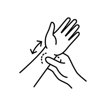 Minimalist line icon showing hands massaging and stretching wrists for strain relief.