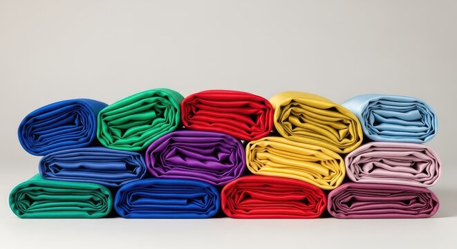 Vibrant piles of elegantly folded silk textiles featuring a radiant sheen and soft texture in a variety of rich colors and subtle hues, elegant, sheen, natural