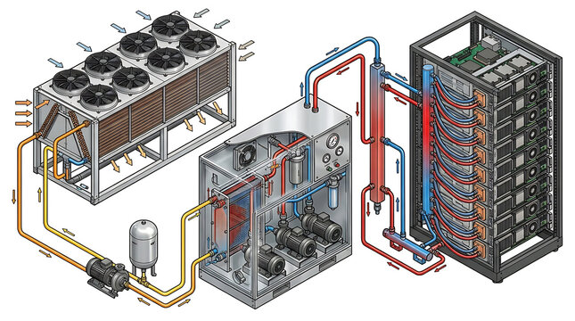 Complete AI data center liquid cooling loop with GPU cold plates, coolant distribution unit, pumps, manifolds, heat exchanger and dry cooler, isolated technical infrastructure illustration on white