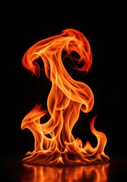 Vibrant red and orange flames dance together in a complex swirling motion, creating an intense display of heat and energy against black, visual, background, twist