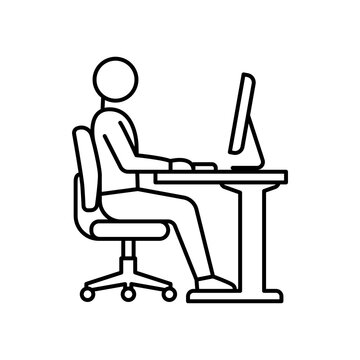 Minimalist black and white line icon showing a person sitting with correct ergonomic posture at a computer desk.