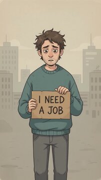 Unemployed worker stands alone with a handwritten request for employment