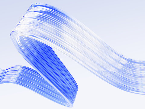 Abstract 3D flowing ribbon with glossy translucent blue and white surface. Elegant curves and twists in space, creating dynamic, fluid motion. Clear water wave on light background. 3D illustration