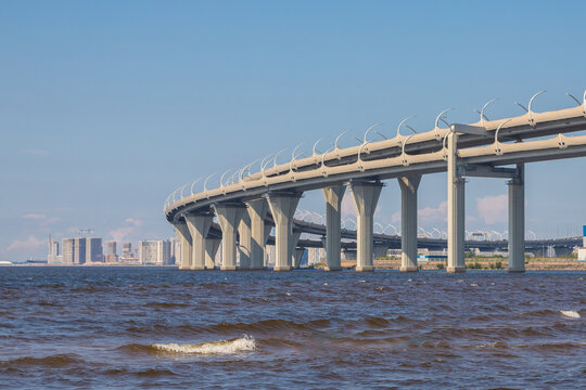 Western high-speed diameter across the Gulf of Finland against the backdrop of a beautiful sky. ZSD road on Kanonersky Island.  St. Petersburg