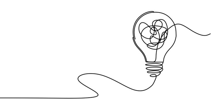 One line light bulb with tangled line, minimalist continuous line drawing, complex thinking and confusion concept