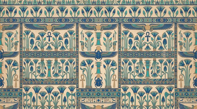 Ancient Egyptian seamless pattern with traditional lotus ornament and sacred scarab symbols