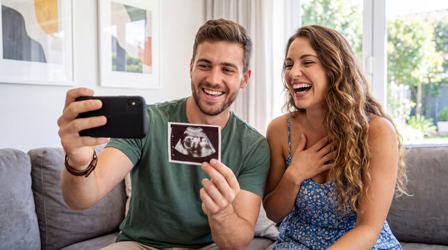 Happy young couple sitting on sofa taking selfie on smartphone while holding ultrasound picture of baby