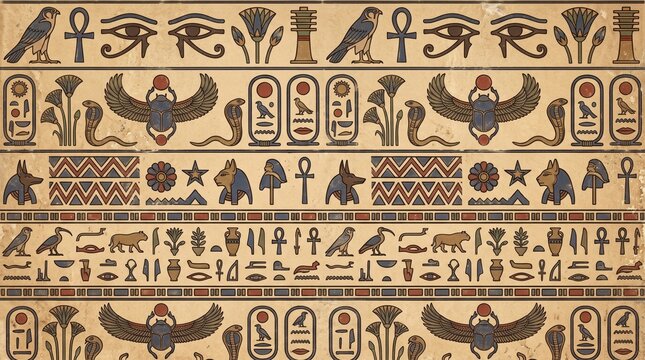 Ancient Egyptian hieroglyphs and historical symbols pattern on textured papyrus background