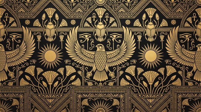 Golden Ancient Egyptian pattern featuring Horus falcon scarab beetle and eye of Ra ornaments on black