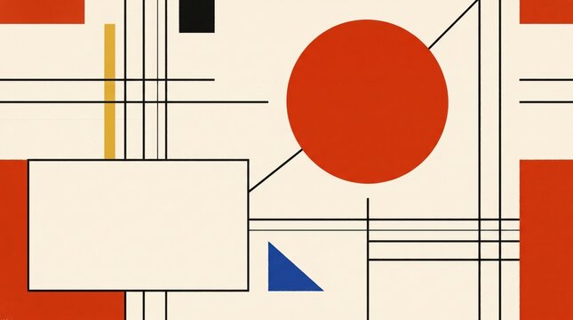 Abstract Bauhaus style geometric background with red circle and minimalist lines