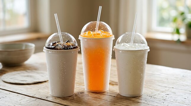 Three refreshing cold drinks in plastic cups with straws on a wooden table inside a bright home kitchen. fountain soda cup
